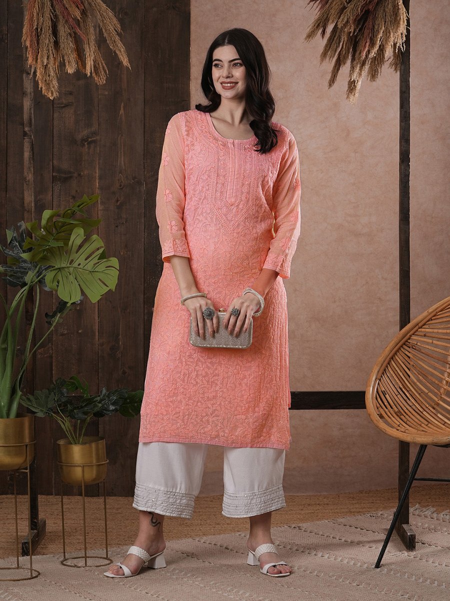 ADA Women Peach-Coloured Chikankari Hand Embroidered Straight Kota Handloom Kurta With Matching Slip | Swadesiicart