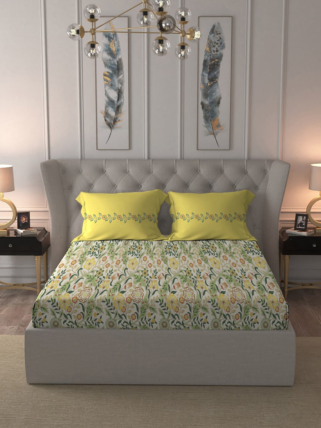 MYTRIDENT Beige White Floral Pure Cotton 144 TC Queen Bedsheet With 2 Pillow Covers - Swadesiicart