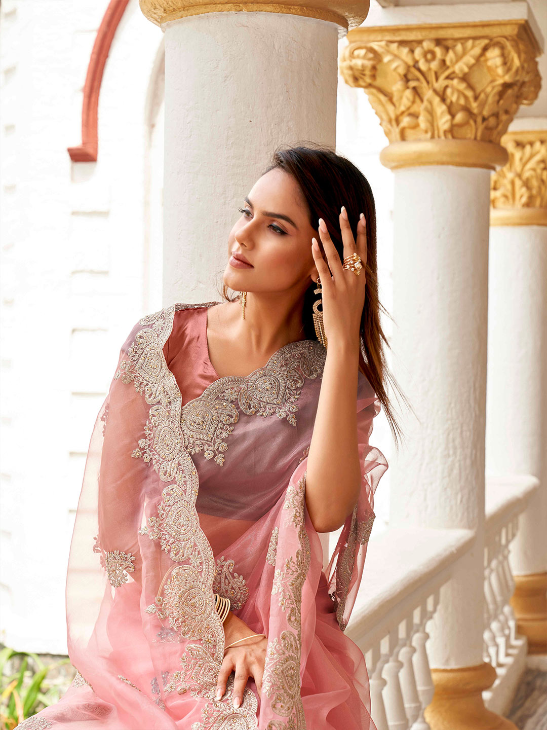 Tikhi Imli Floral Beads and Stones Organza Heavy Work Saree | Swadesiicart