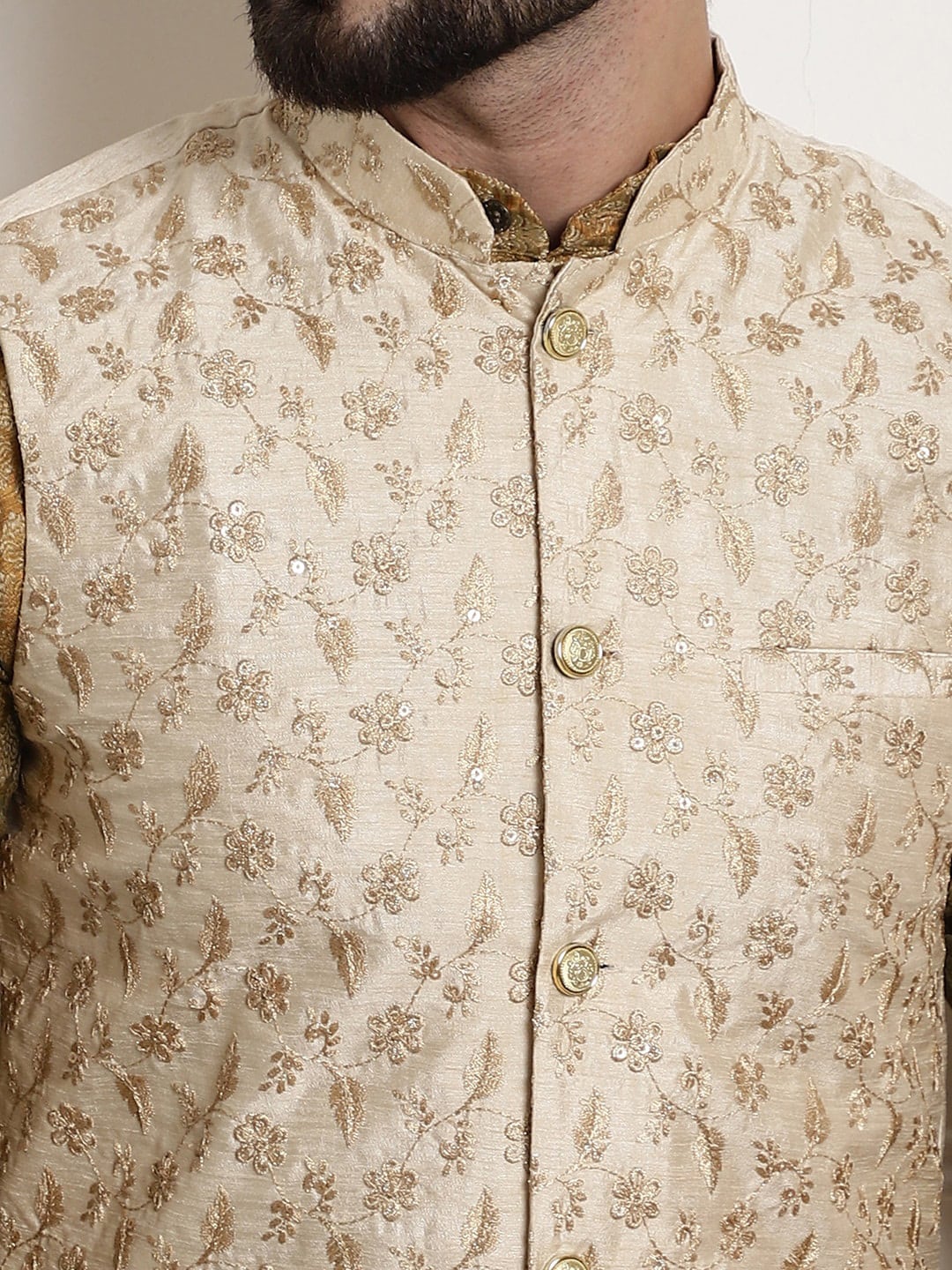 Sojanya Woven Design Mandarin Collar Kurta with Churidar & Nehru Jacket | Swadesiicart