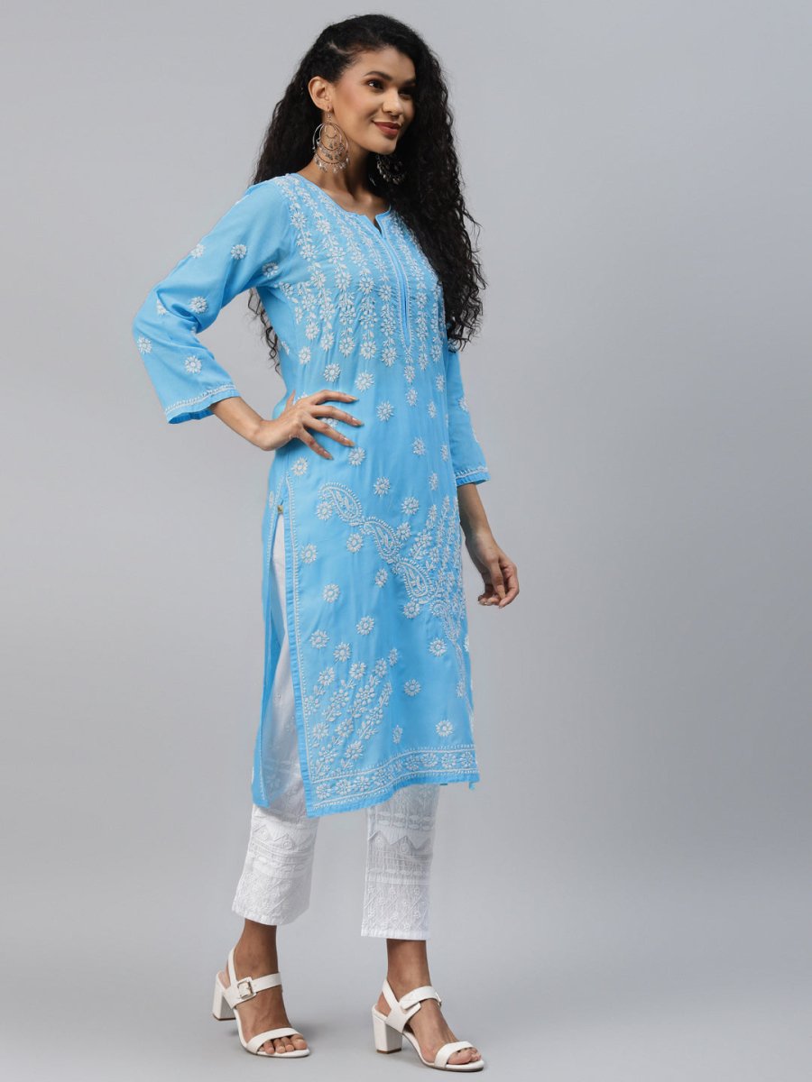 ADA Women Blue & White Ethnic Motifs Hand Embroidered Chikankari Handloom Kurta | Swadesiicart