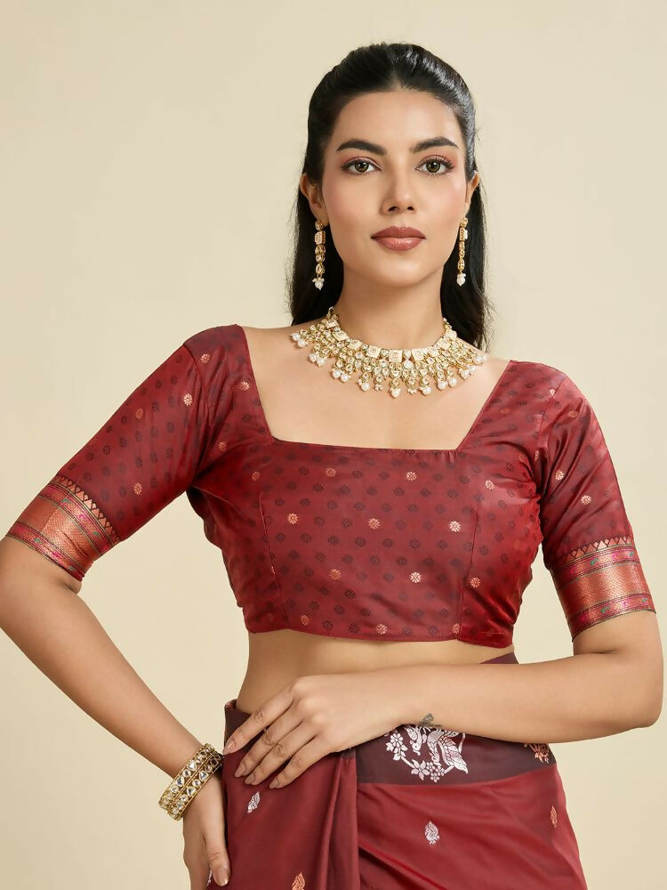 Vishnu Weaves Women's Maroon Banarasi Silk Zari Woven Saree with Blouse - Swadesiicart