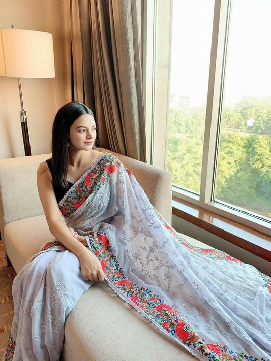 Vamsee Sandhya Grey Georgette Saree - Swadesiicart