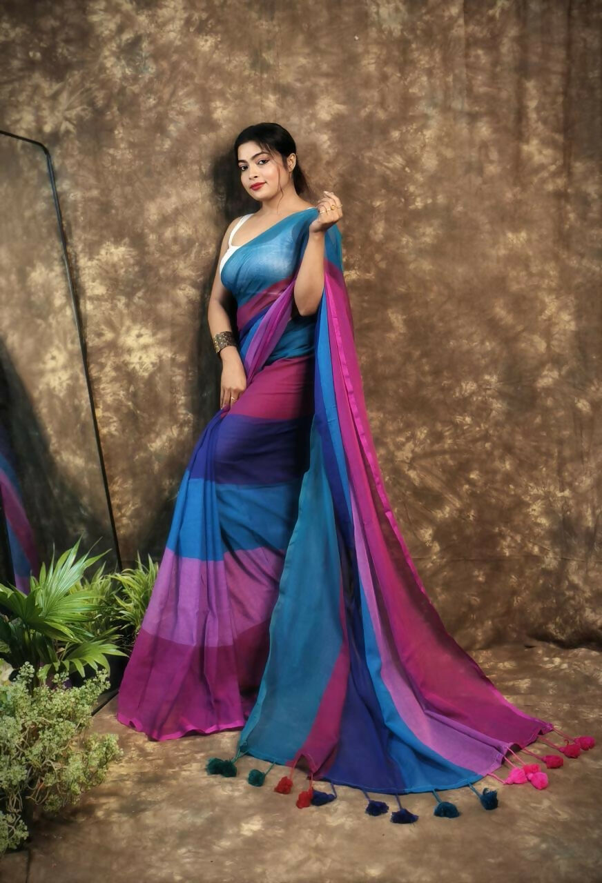 Exclusive Collection Beautiful Multi Pure Cotton Woven Handloom Saree With Running Blouse Piece - Swadesiicart