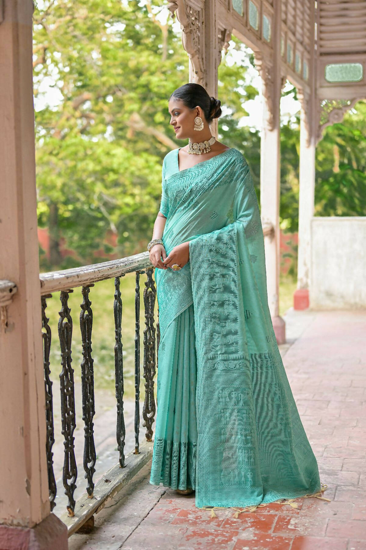 Vishnu Weaves Women's Sea-Green Handloom Raw Silk Woven Border Saree with Blouse - Swadesiicart