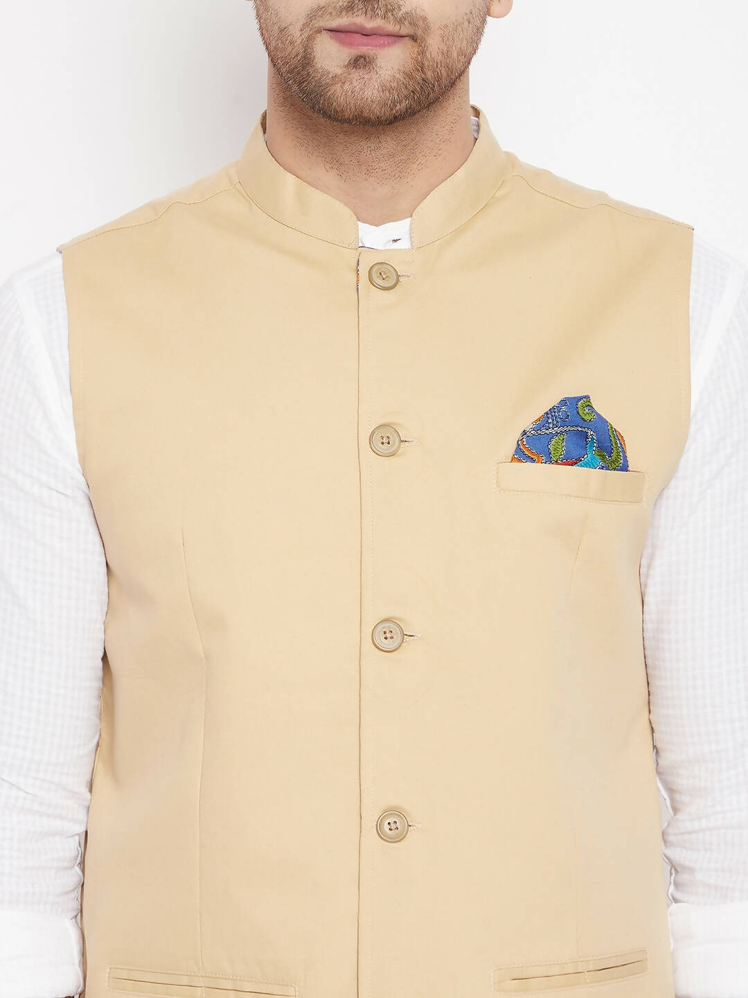 Even Apparels Beige Polyester Men's Nehru Jacket-Contrast Lining-Inbuilt Pocket Square | Swadesiicart