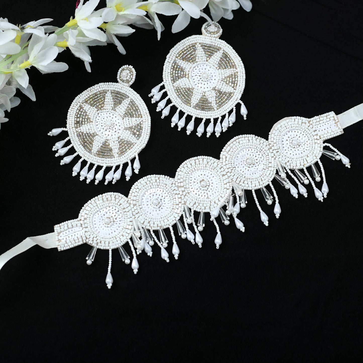 Mominos Fashion Johar Kamal Handicraft Off White/Golden Pearls Necklace with Earrings For Women - Mominos Fashion