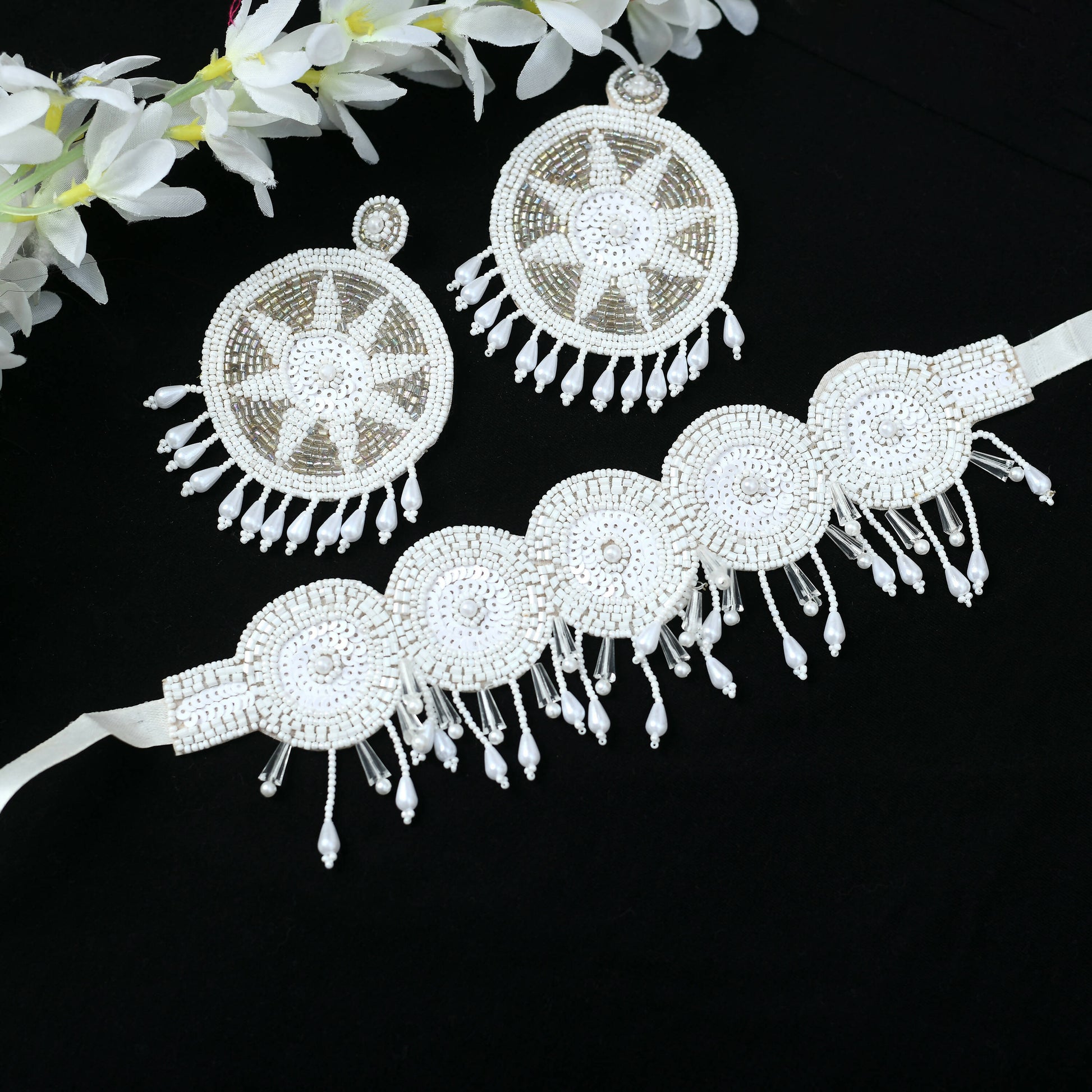 Mominos Fashion Johar Kamal Handicraft Off White/Golden Pearls Necklace with Earrings For Women - Mominos Fashion