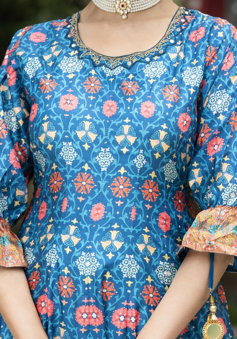 Wedding Designer Blue Soft Dola Silk Anarkali suit with Dupatta - Samanta - Swadesiicart