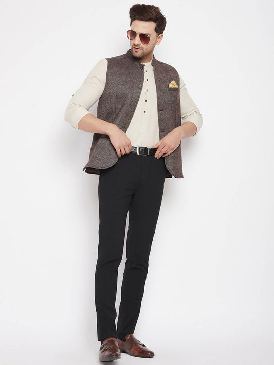 Even Apparels Brown Wool Men Woven Nehru Jacket | Swadesiicart