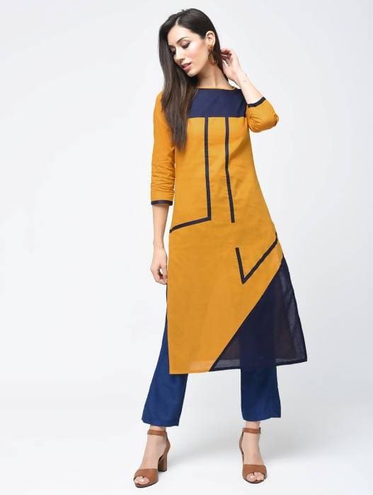 Aniyah Cotton Color Block Straight Kurta In Mustard Color (AN-102K) - Swadesiicart