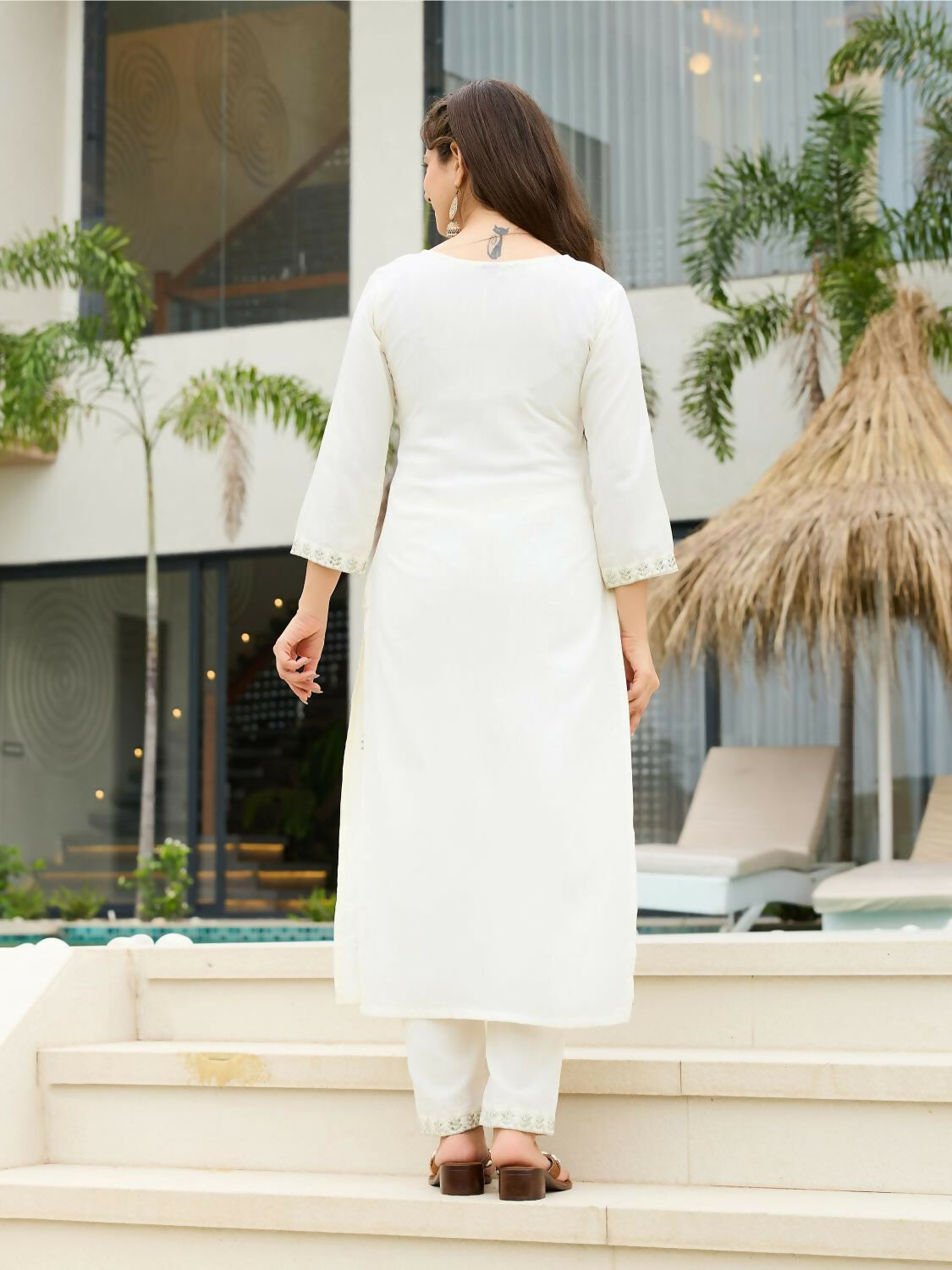 The52 White Women's Beautiful Rayon Slub Fabric Embroidered Work Straight Kurta, Pant and Dupatta Set - Swadesiicart