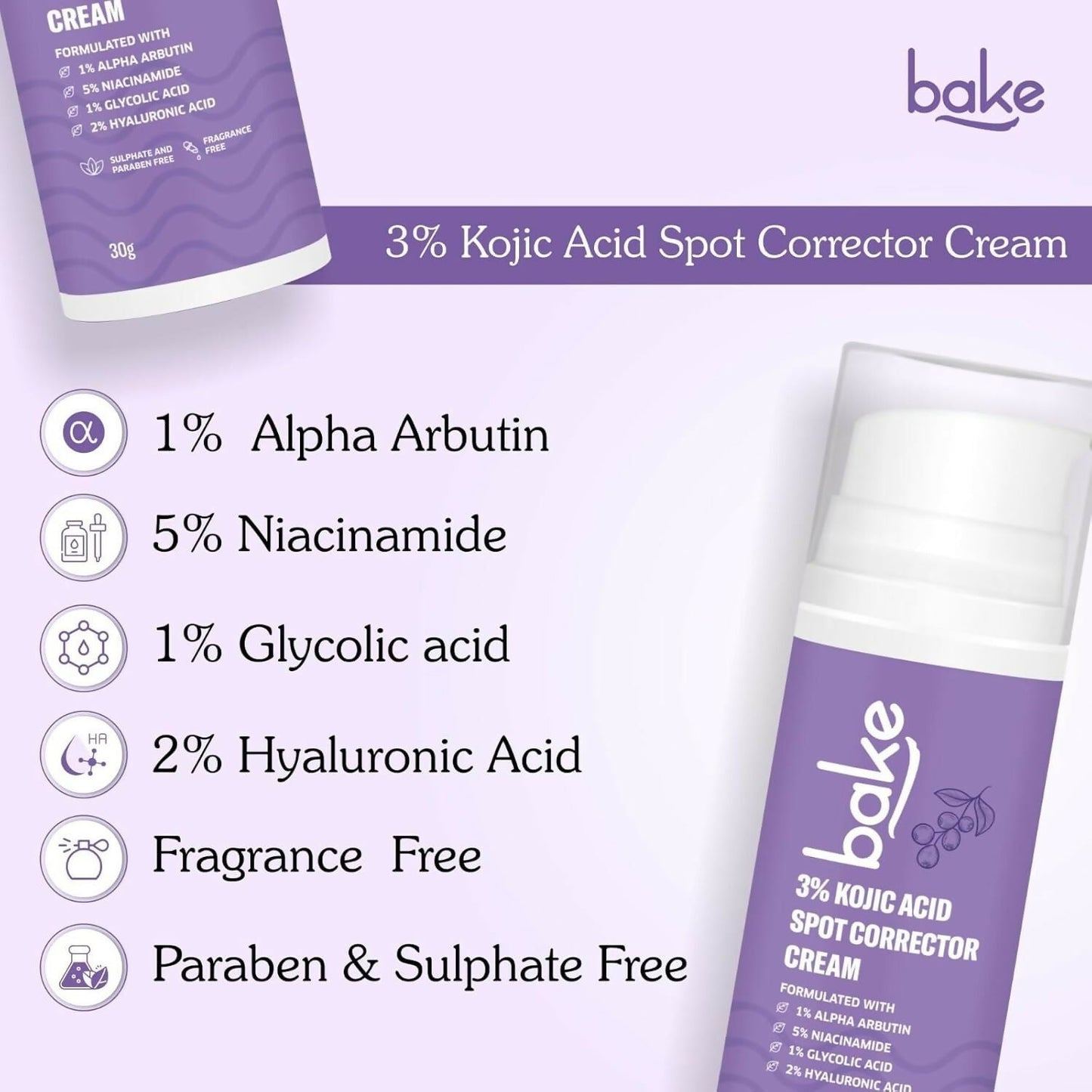 BAKE 3% Kojic Acid Spot Corrector Cream with Alpha Arbutin for Pigmentation | Swadesiicart