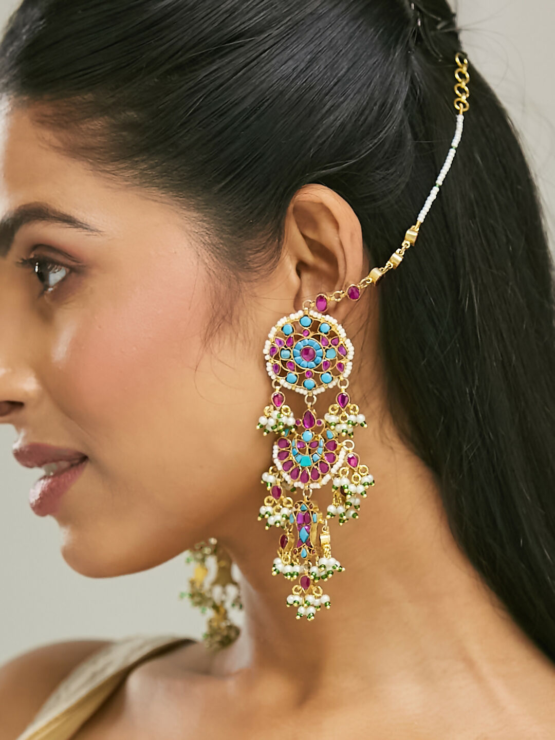 Nuyug 22K Gold-Plated Kundan Studded & Pearl Beaded Crescent Shaped Kanauti Earrings | Swadesiicart