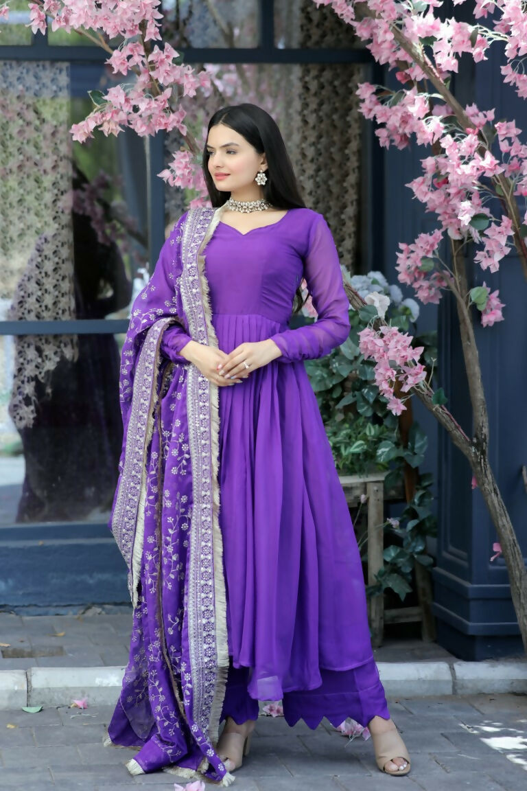 Jyoti Fashion Women's Purple Tabby Silk Designer Kurta with Trouser & Dupatta | Swadesiicart
