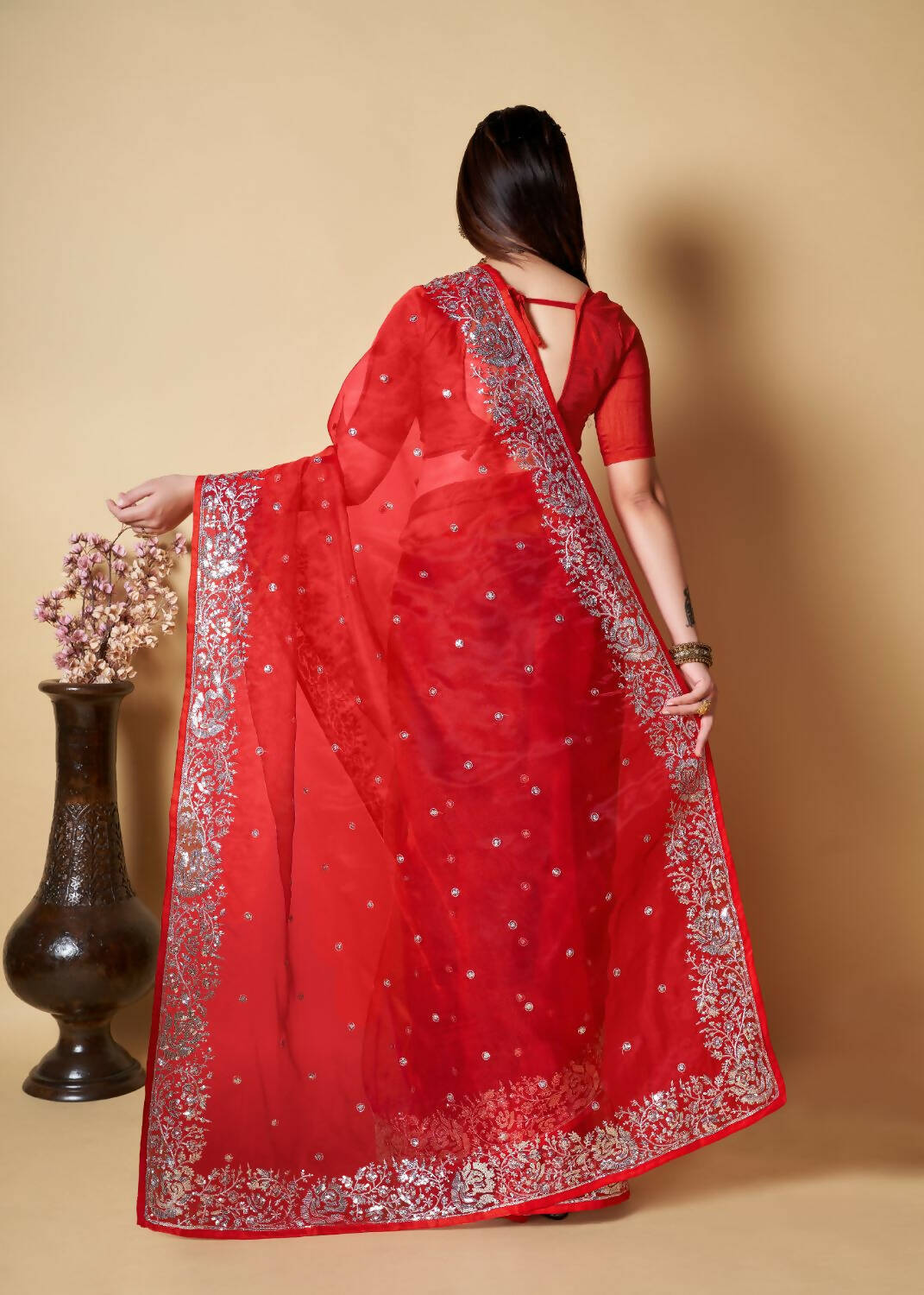 Vamsee Red Organza Saree - Swadesiicart