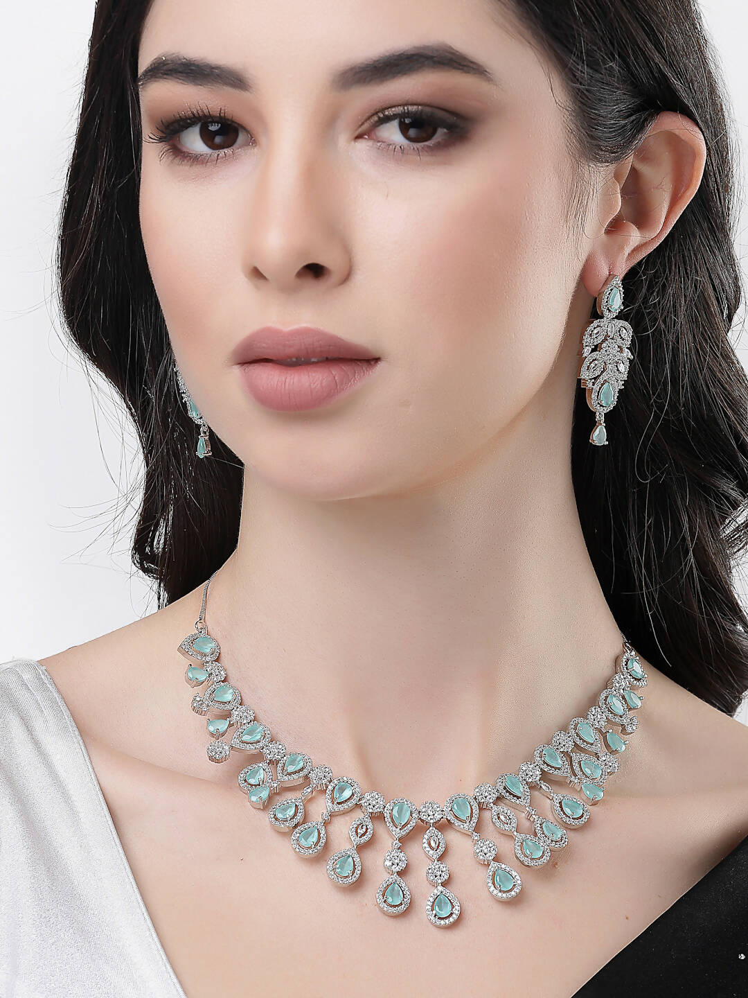 NVR Women Silver Plated & Turquoise Cz Stone Handcrafted Jewellery Set - NR Retail-NVR
