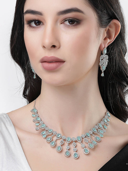 NVR Women Silver Plated & Turquoise Cz Stone Handcrafted Jewellery Set - NR Retail-NVR