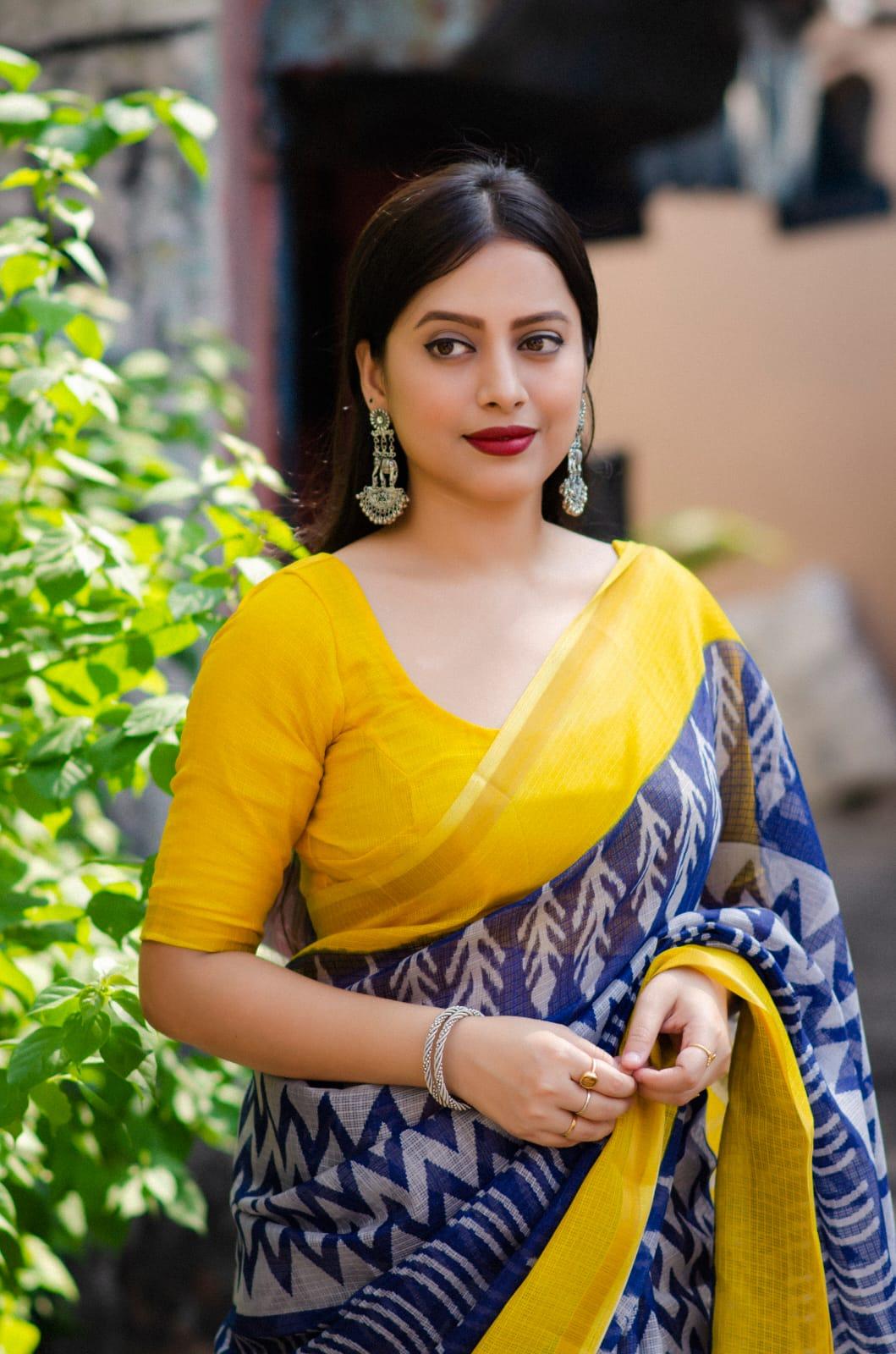 Blue Polycotton Ethnic Motifs Saree with Unstitched Blouse - Hiral Fashion | Swadesiicart