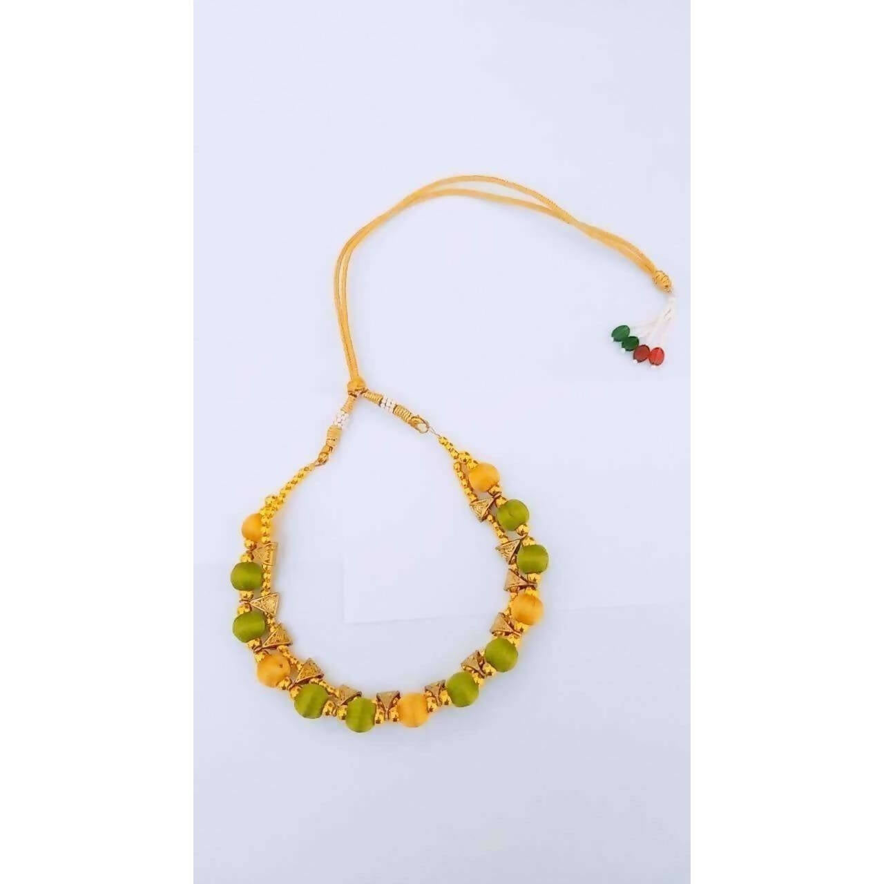 Green and Gold Silk Threaded Necklace Set with Earrings and Maang Tika - Swadesiicart