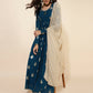 Janasya Women's Teal Blue Georgette Foil Printed Festive Flared Kurta Set | Swadesiicart