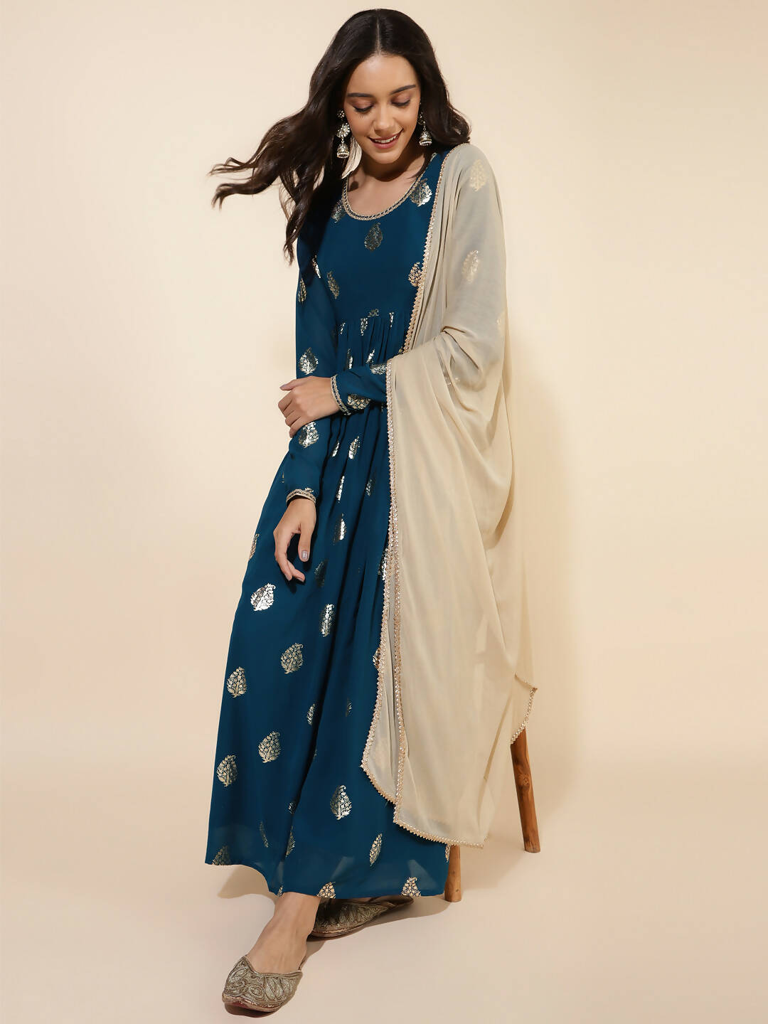 Janasya Women's Teal Blue Georgette Foil Printed Festive Flared Kurta Set | Swadesiicart