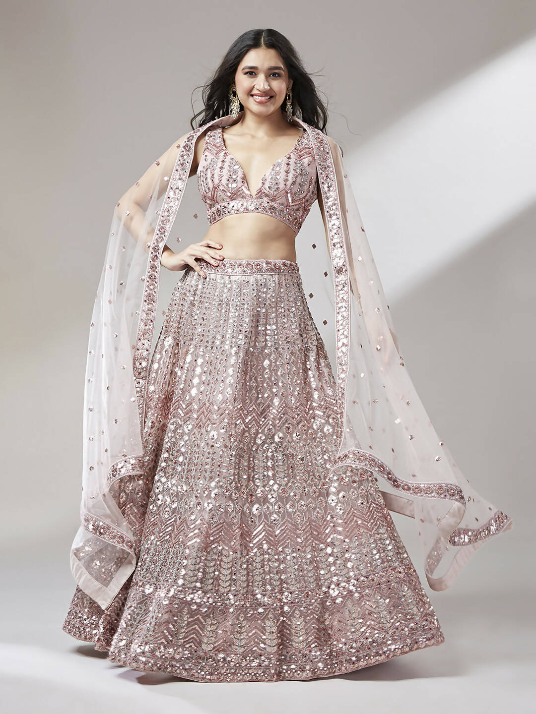 House of Panchhi Rose Gold Net Mirror & Sequinse embroidery Lehenga choli & Dupatta | Swadesiicart