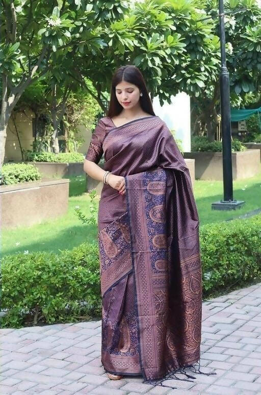 DEIANA'S Beautiful Designer Golden zari Soft Lichi Silk Saree - Purple - Swadesiicart