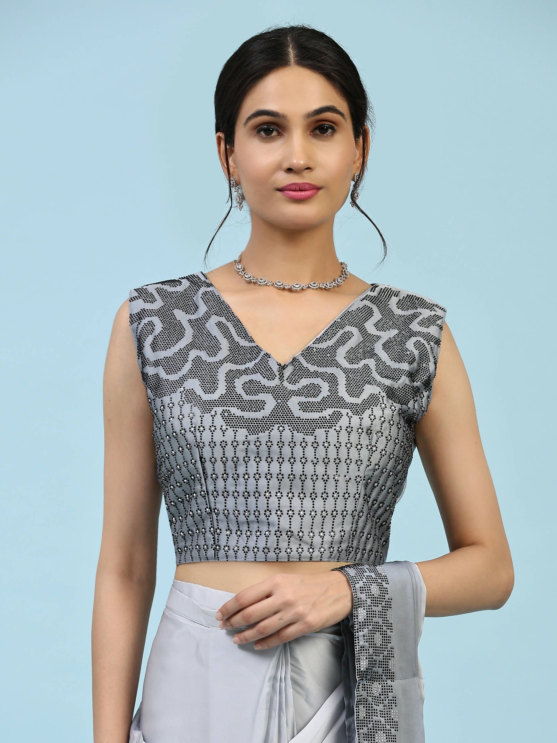 Grey Ombre Satin Georgette Plain Ready to wear Saree with stitched Blouse - Vrinda | Swadesiicart