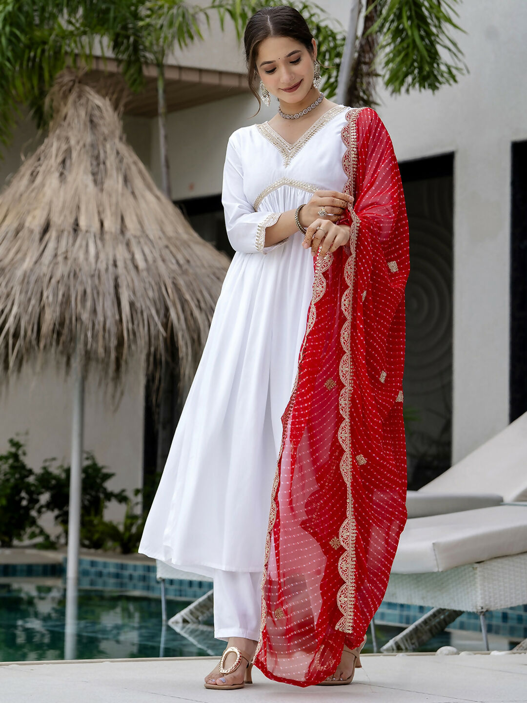 The52 White Women's Gorgeous Embroidered Chanderi Fabric Straight Kurta, Pant and Dupatta Set - Swadesiicart