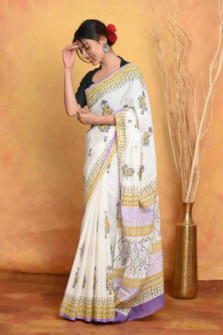 Very Much Indian Handblock Printed Cotton Saree With Natural Dyes - White | Swadesiicart