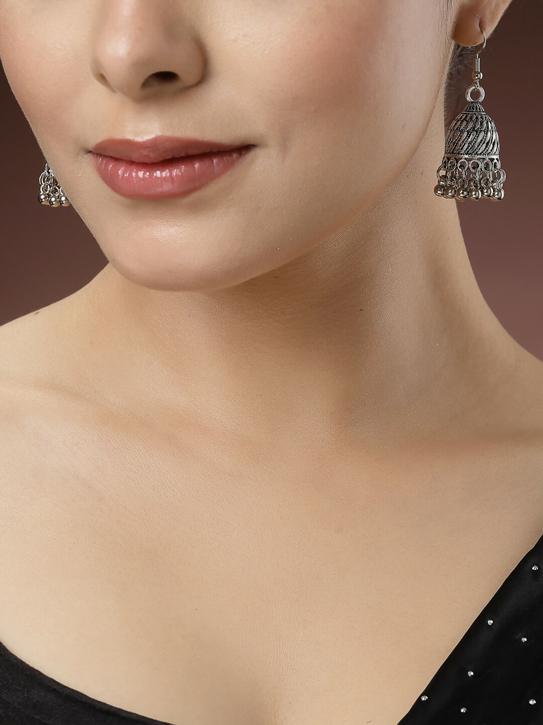 NVR Women's Set of 3 Silver-Toned German Silver Oxidised Dome Shaped Jhumka Earrings | Swadesiicart