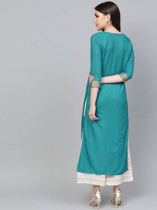 Anubhutee Peacock Blue Kurta Set with Golden Traditional Motifs - Swadesiicart
