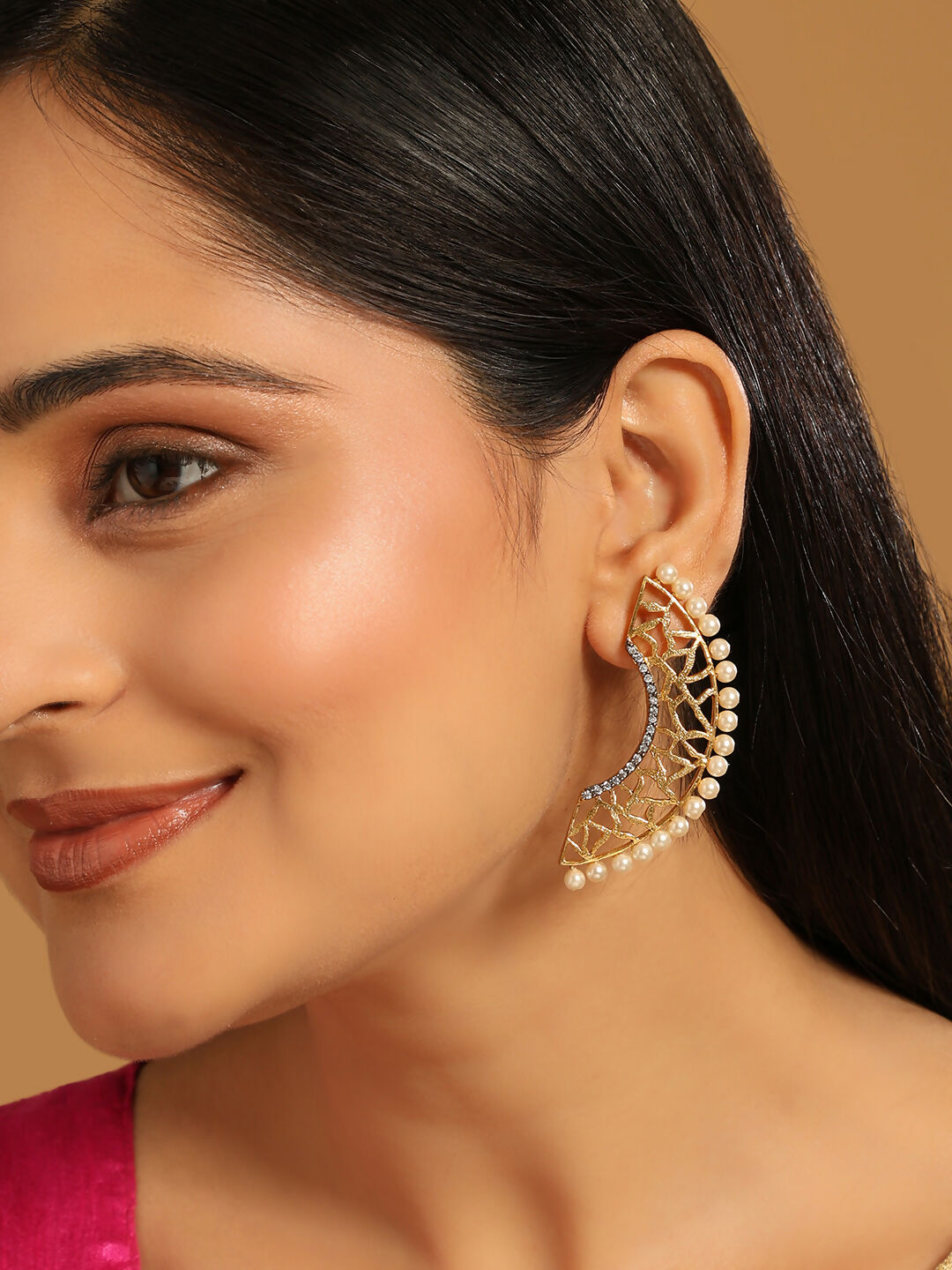 Nuyug 22K Gold-Plated Zircon Studded & Pearl Beaded Contemporary Shaped Statement Stud Earrings | Swadesiicart