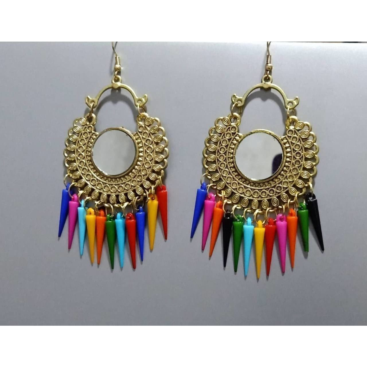 MS Fashion India Gold Color Latest Design Chandbali Mirror Multi Color Alloy Drops Tassel Earrings | Swadesiicart
