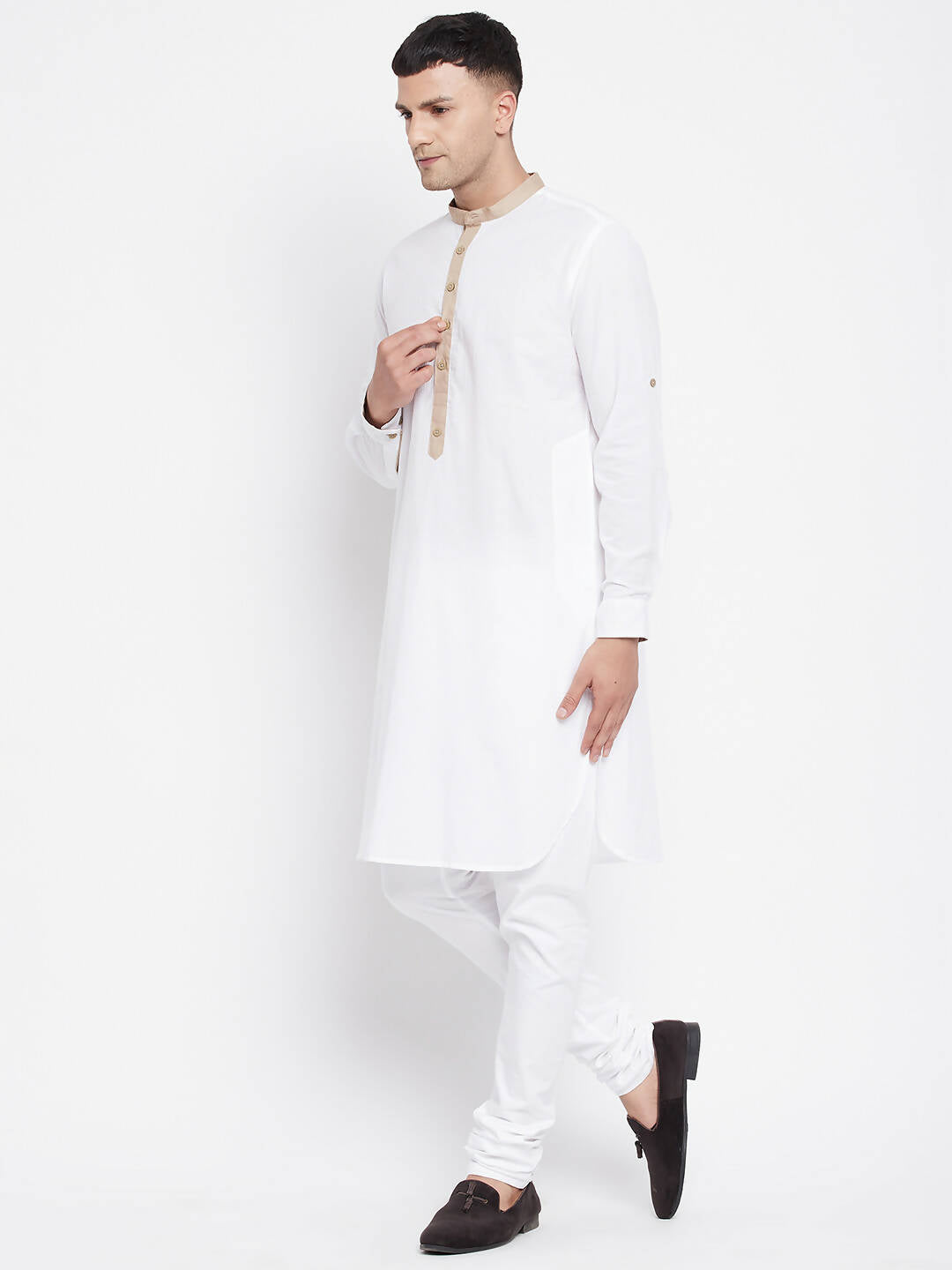 Even Apparels Beige Color Pure Cotton Men's Kurta With Band Collar | Swadesiicart
