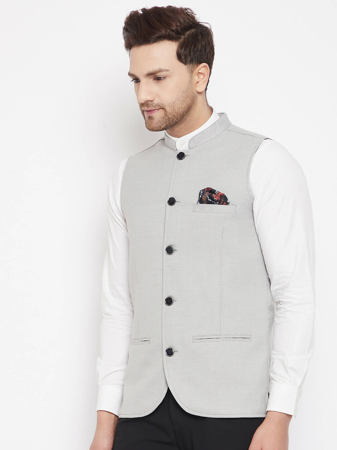 Even Apparels Grey Merino Men's Nehru Jacket-Contrast Lining-Free Pocket Square | Swadesiicart