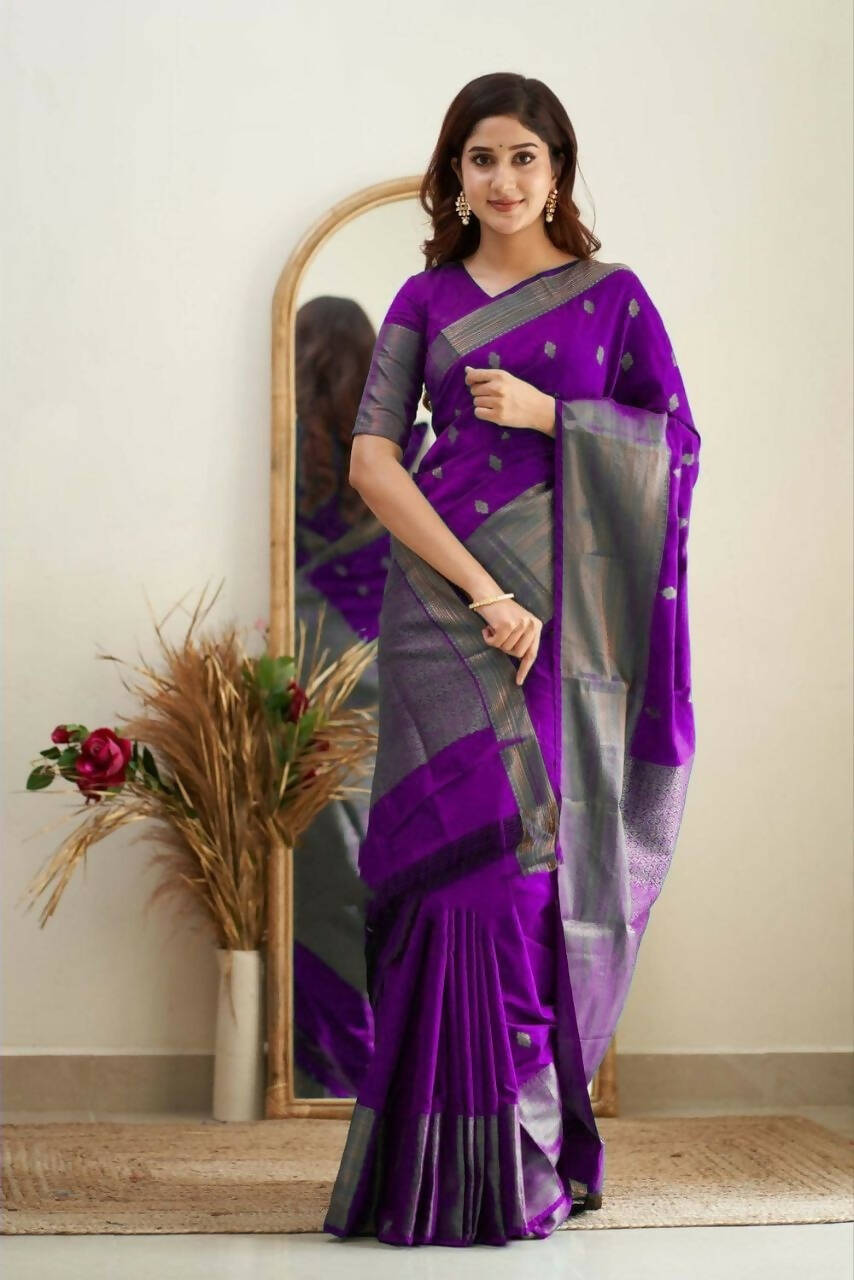 DEIANA'S Beautiful Designer Golden zari Soft Lichi Silk Saree - Purple - Swadesiicart
