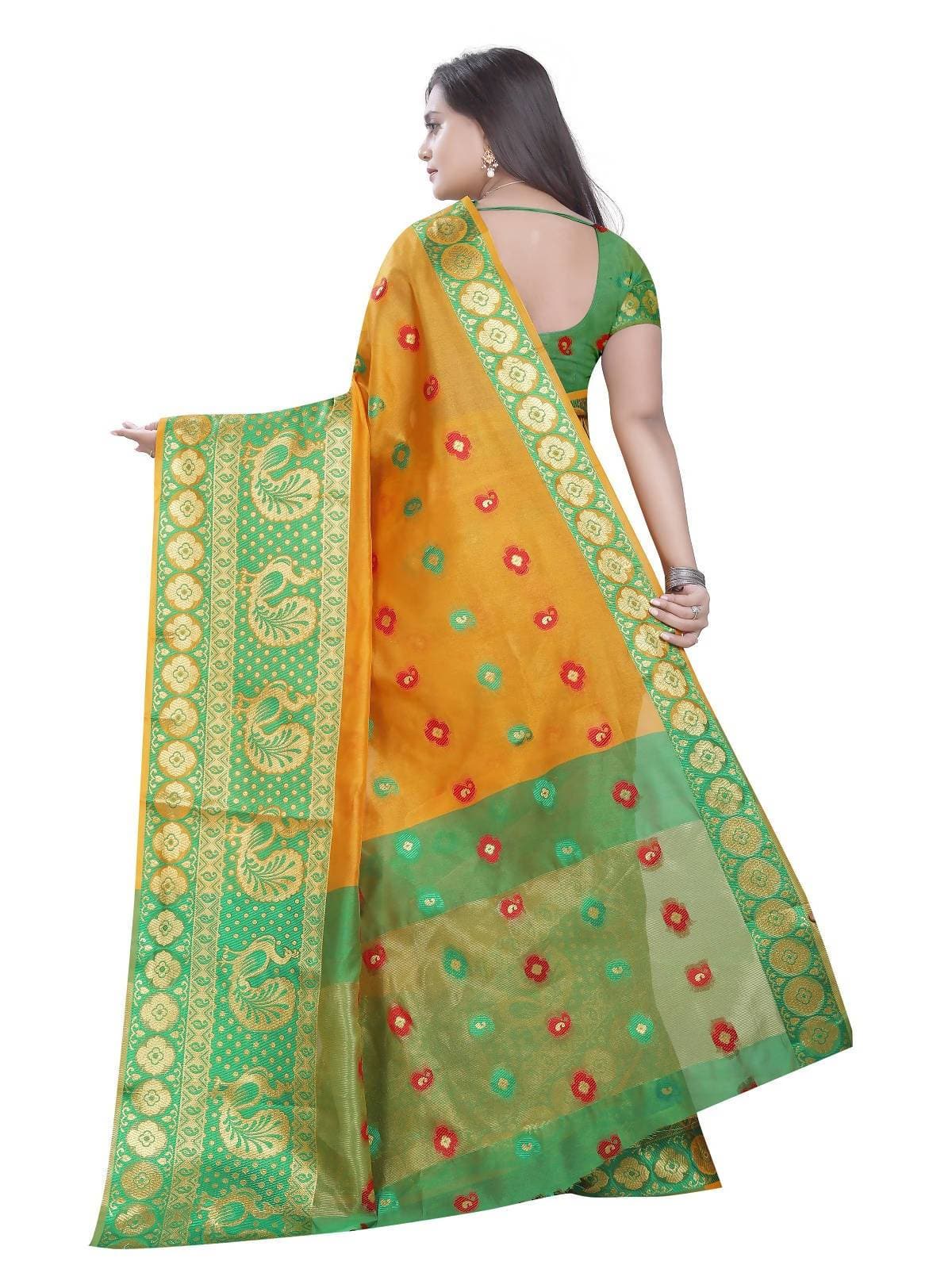 Vamika Banarasi Cotton Silk Yellow Weaving Saree | Swadesiicart