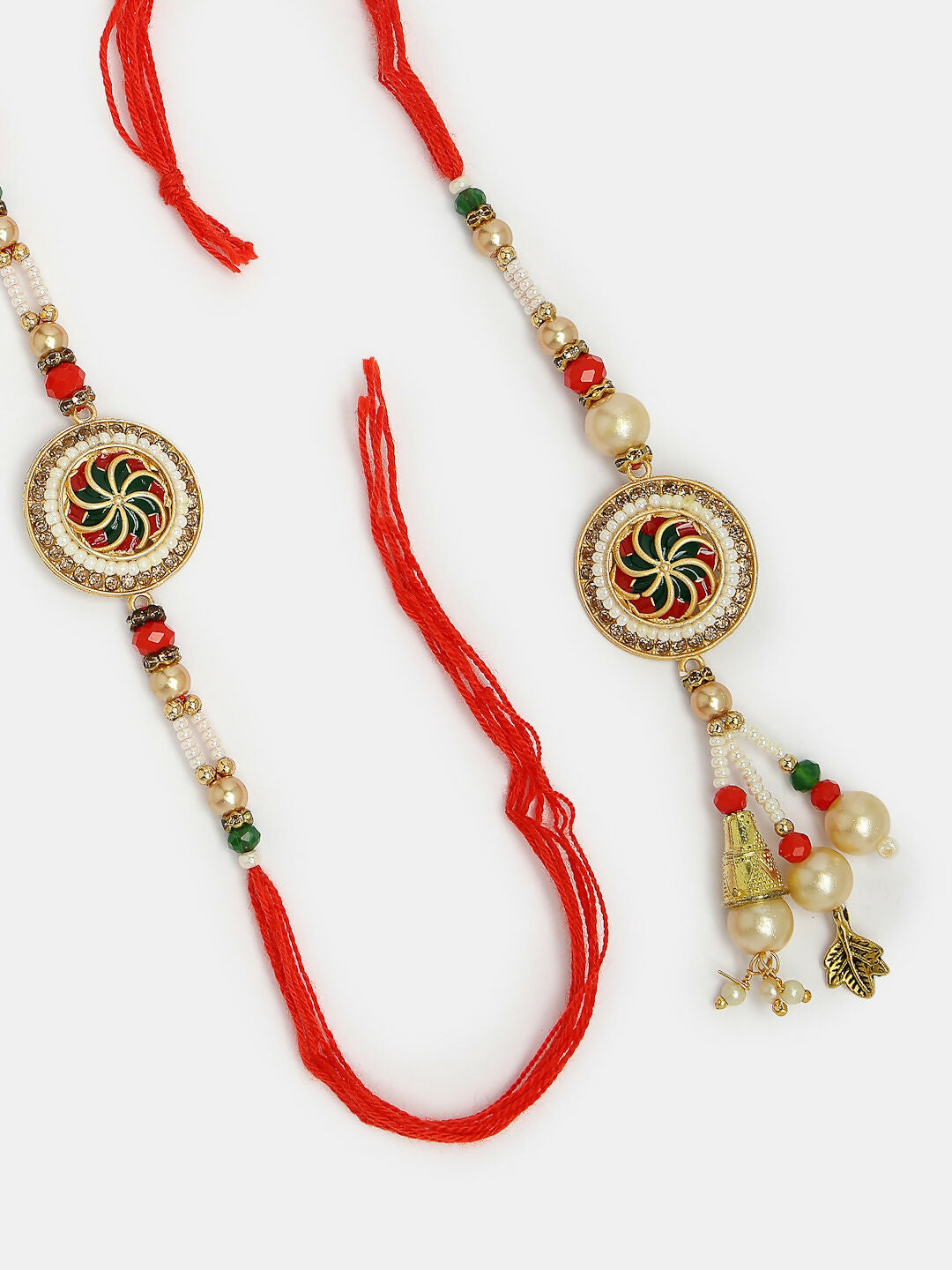 NVR Women & Men Set of 2 Gold-Toned Stone-Studded & Beaded Bhaiya Bhabi Rakhi With Roli Chawal & Chocolate | Swadesiicart