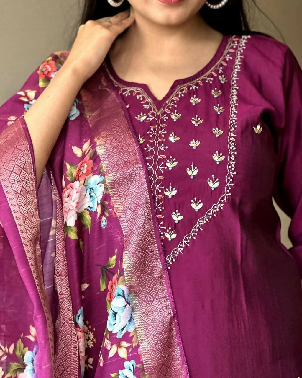 The52 Wine Women's Gorgeous Embroidered Rayon Fabric Straight Kurta Pant with Dupatta Set - Swadesiicart