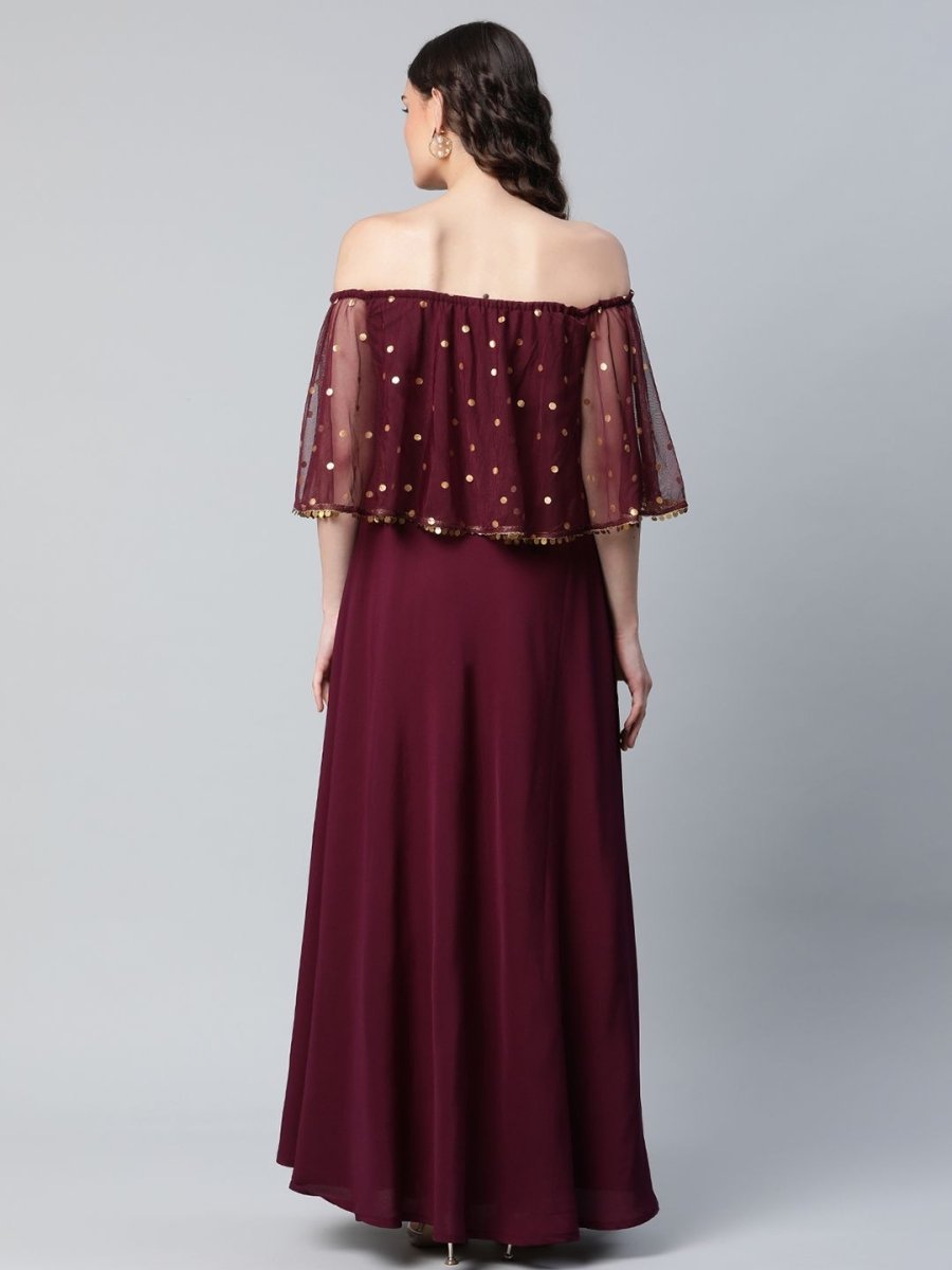 Ahalyaa Women Wine Colour Crepe & Net Gold Printed Dress | Swadesiicart