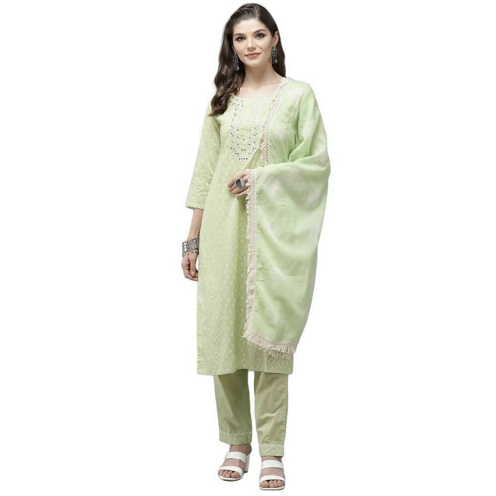 Anubhutee Women's Cotton Regular Bandhani Print Mirror Work Green Kurta Set | Swadesiicart