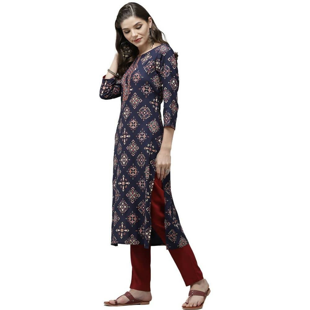 Anubhutee Women's Rayon Ethnic Motifs Printed Regular Gotta Patti Navy Blue Kurta with Trousers | Swadesiicart