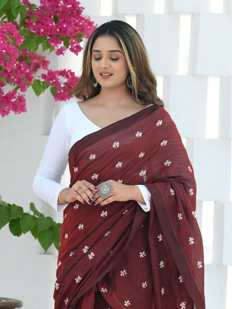 Beatitude Maroon Khadi Floral Embroidered Saree