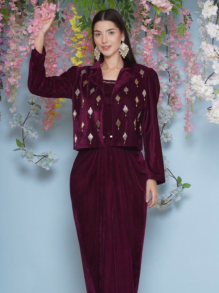 Joban Fashion Wine Hand Embellished Jacket with inner and skirt - Swadesiicart