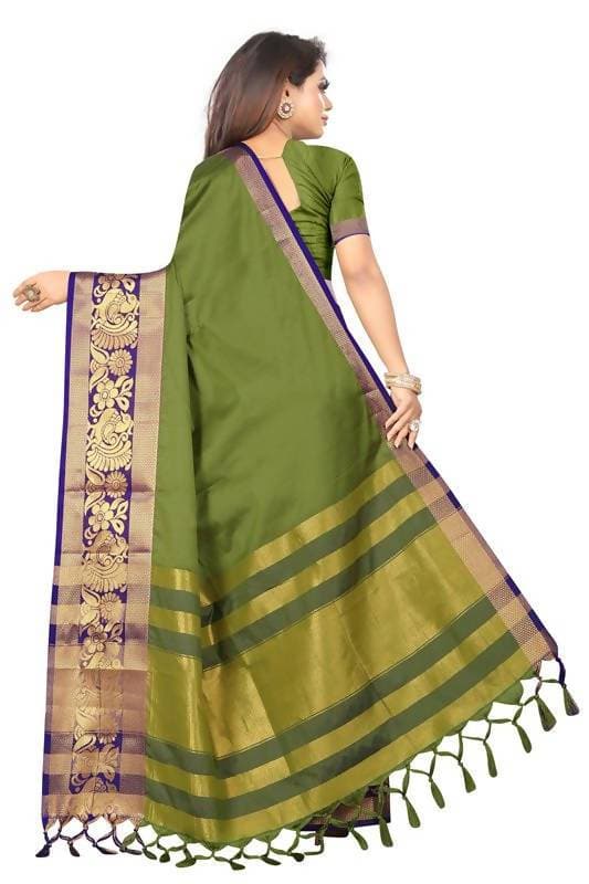 Vamika Banarasi Cotton Silk Weaving Green Saree (DOCTOR MOR GREEN) | Swadesiicart