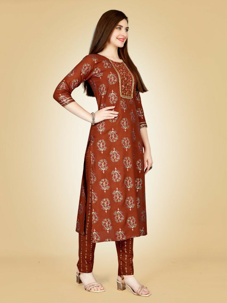 Jyoti Fashion Women's Rust Viscose Rayon Embroidered Kurta Pant Set | Swadesiicart