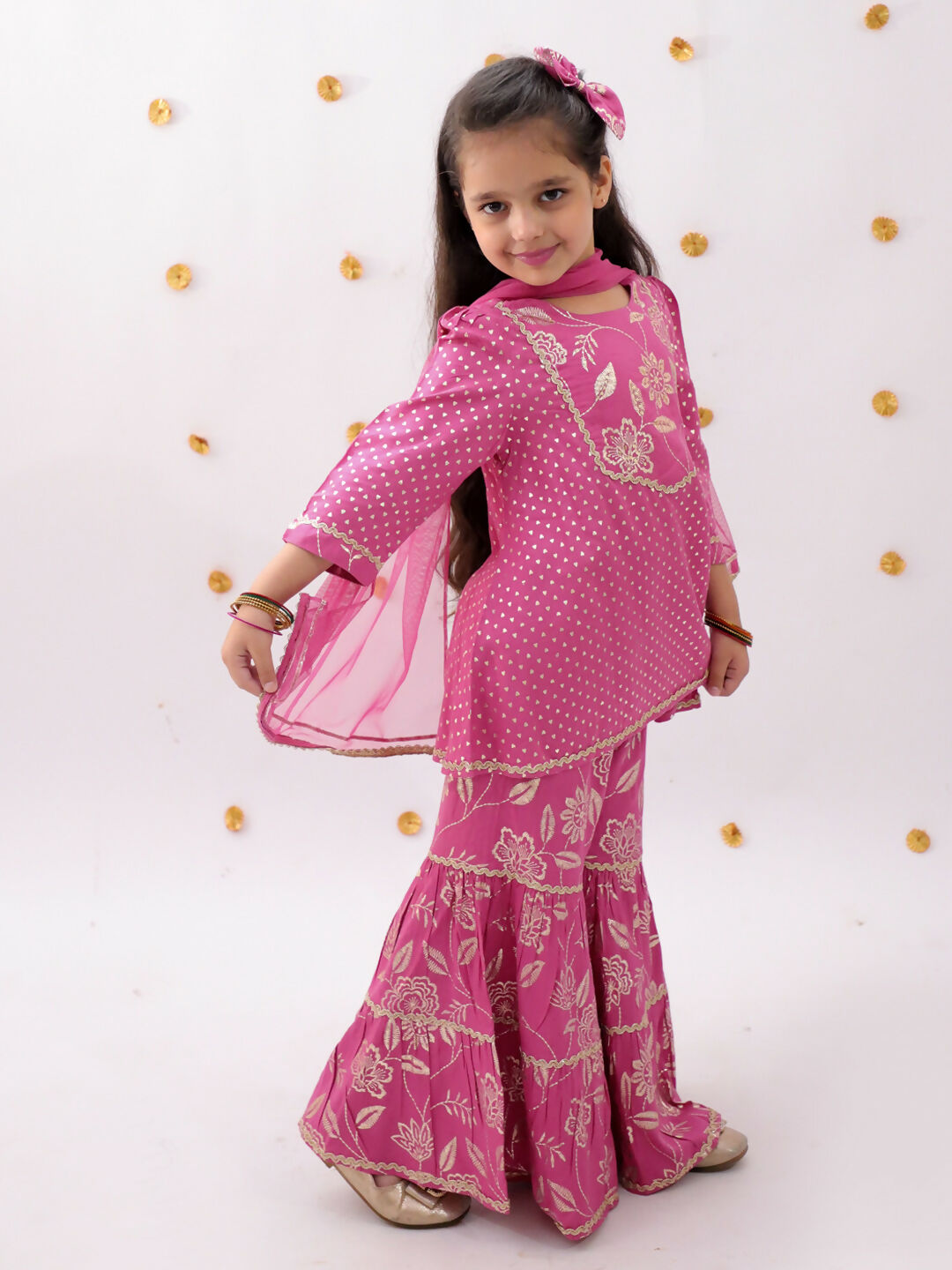 Lil Drama Khilkhilahat Pink Kurta Sharara With Dupatta Set For Girls | Swadesiicart