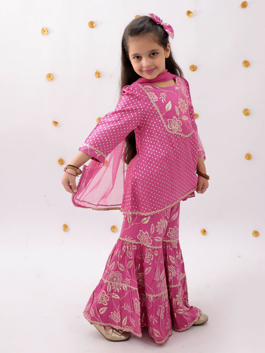 Lil Drama Khilkhilahat Pink Kurta Sharara With Dupatta Set For Girls | Swadesiicart